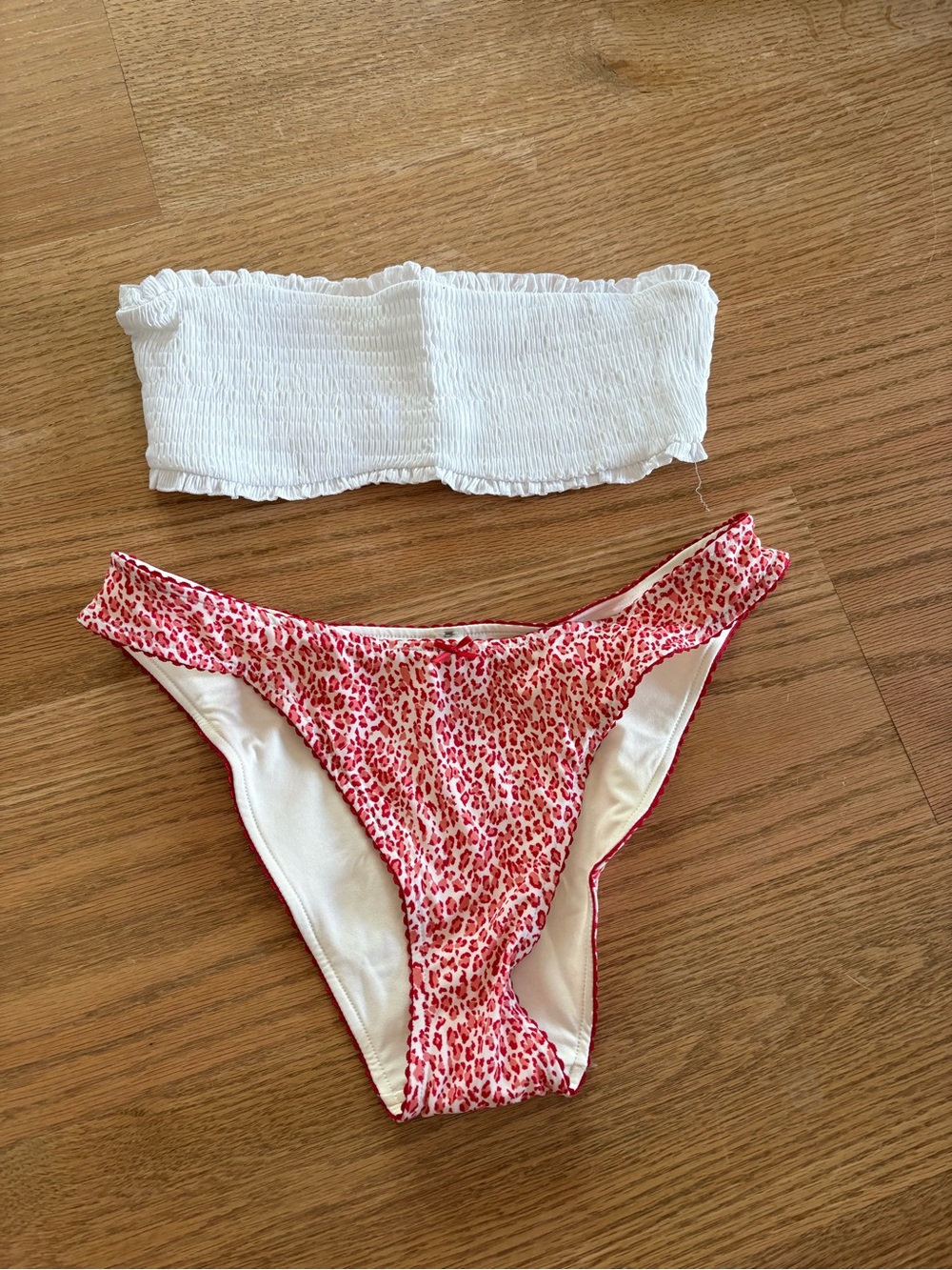 White Smocked Bandeau Top and Pink Leopard Print Bikini Bottoms